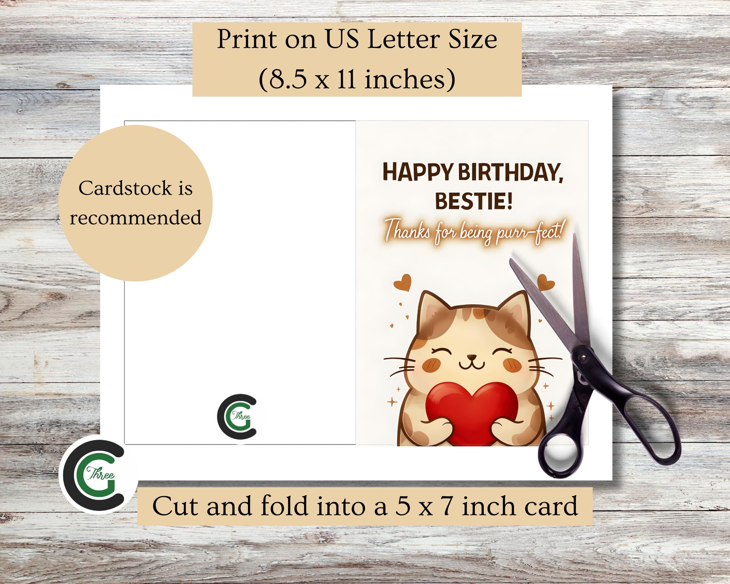Printable Cute Cat Birthday Card for Best Friend Funny Feline Lover ...