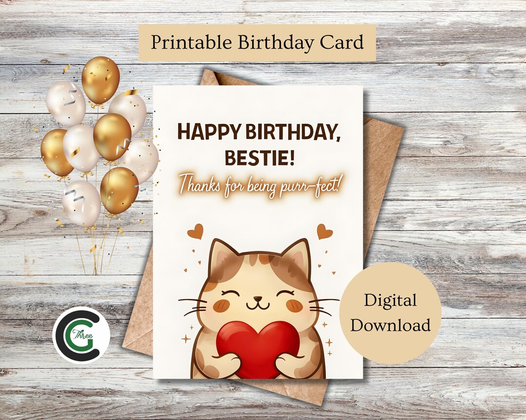 Printable Cute Cat Birthday Card for Best Friend Funny Feline Lover ...