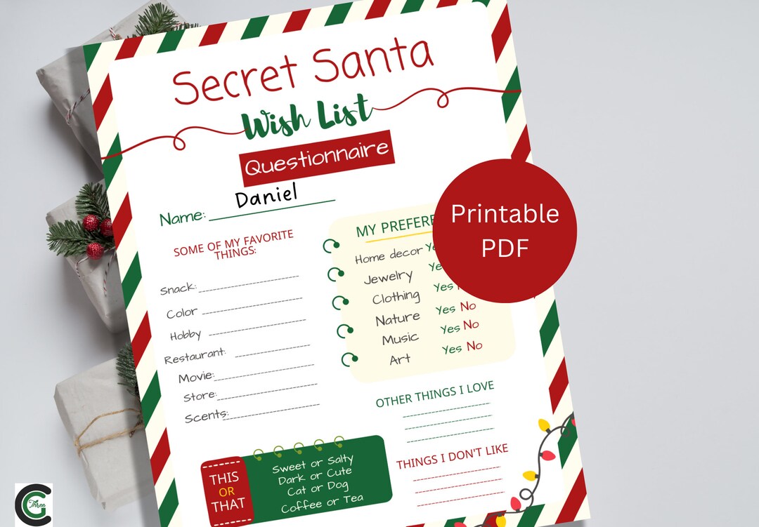 Printable Secret Santa Questionnaire - Etsy