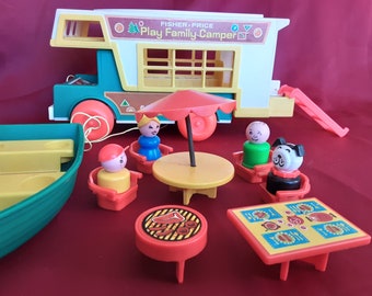 Fisher Price, camping-car vintage des années 1970, jouets avec figurines, chien, barbecue et bien plus encore, souvenir d'enfance