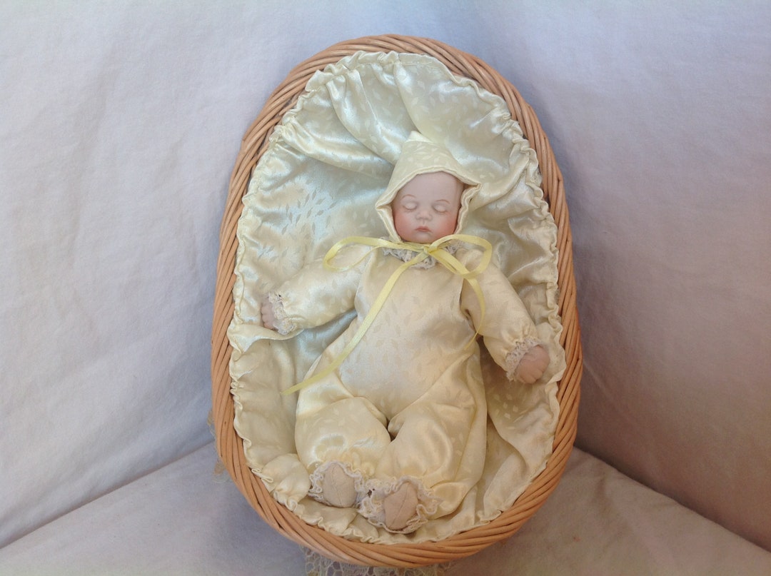 Sugar Lump Vintage Miniature Porcelain Baby Doll in Basket Boots Tyner