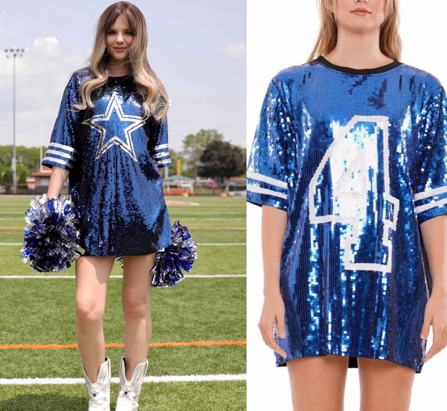 BigBlingBoutique Game Day Sequin #4 T-Shirt Dress or Navy Star, Dallas Cowboys Inspired, Sparkle Dress Dak P Quarterback Fan Jersey for Women