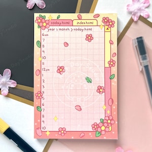 Puede incluir: Bloc de notas con temática floral con un patrón de cuadrícula para la programación. El bloc de notas presenta bordes rosas y amarillos, con ilustraciones de flores y hojas rosas. El texto incluye "today.html" y marcadores de tiempo de 6 am a 10 pm.