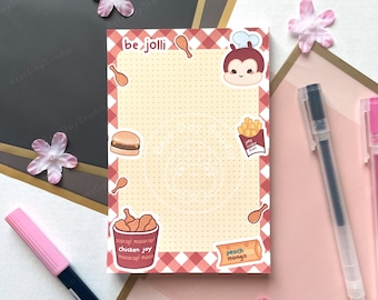 Lindo bloc de notas filipino Jollybee de 4 x 6 pulgadas, diseño de comida kawaii, hecho a mano, para papelería, organización escolar, oficina, notas ilustradas para regalo.