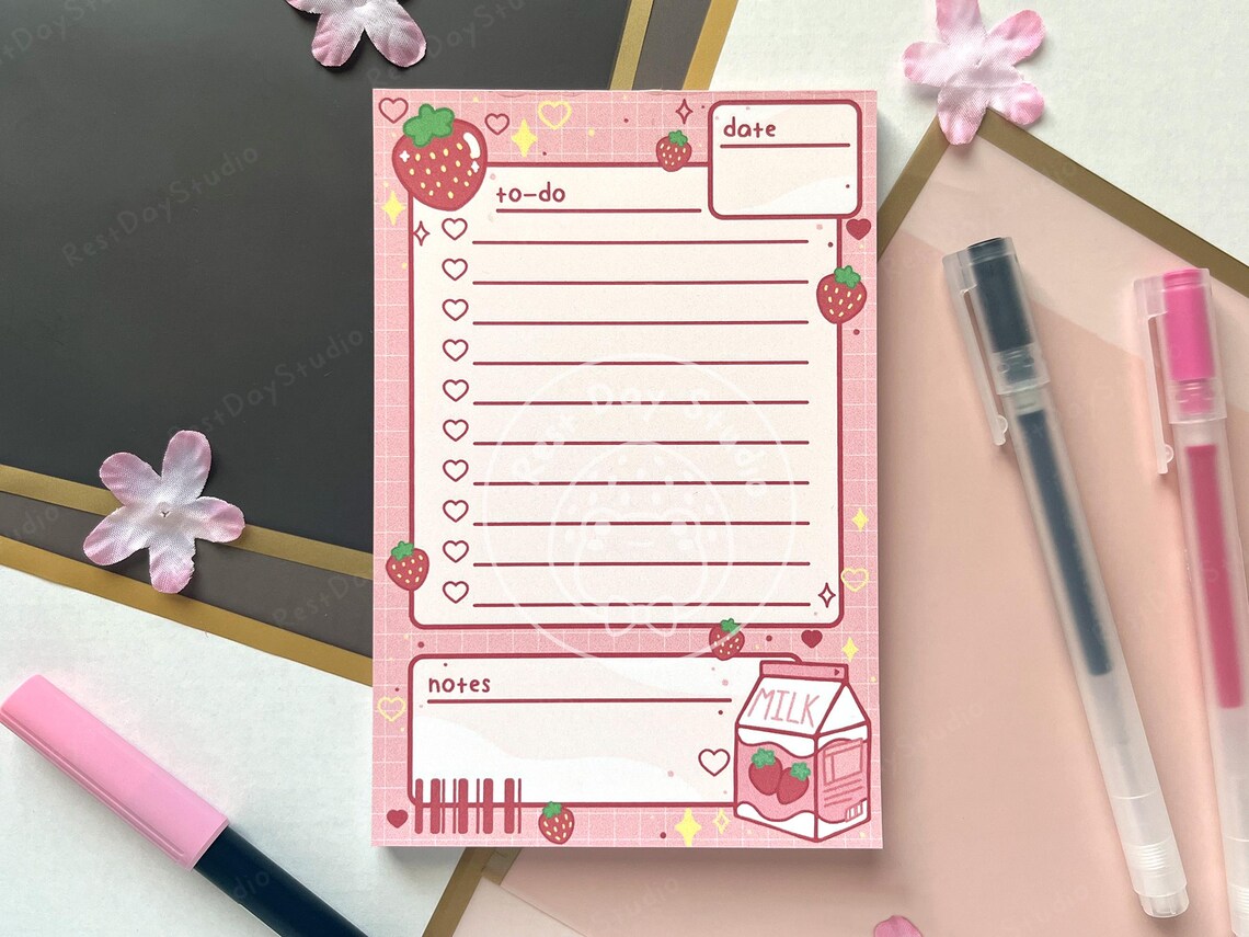 Cute Pink Strawberry Milk 4x6 Small Notepad Kawaii Aesthetic Handmade ...