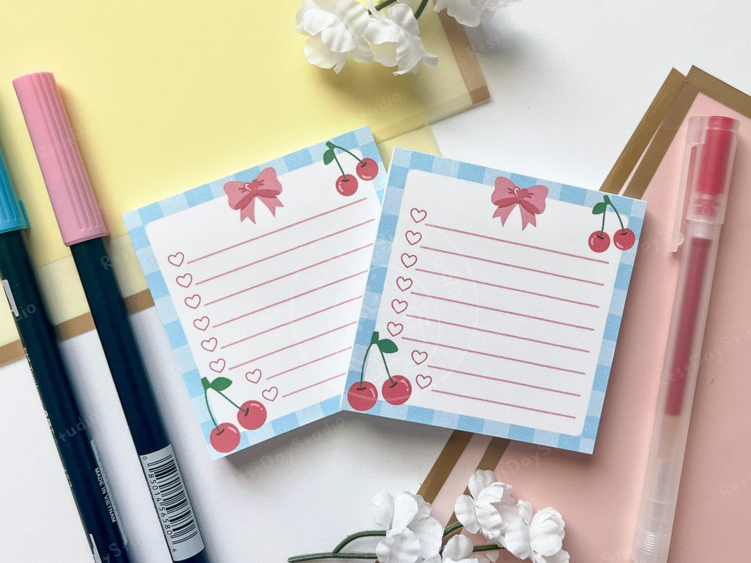 Cute Cherry Ribbon 3x3 Small Sticky Note Kawaii Aesthetic Handmade ...