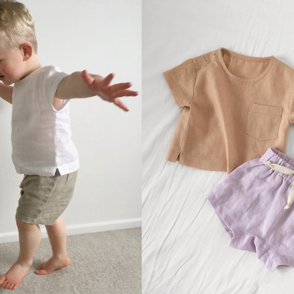 Georgie Set - Unisex Summer Essentials PDF Sewing Pattern, sizes 0-3m - 4yr | gender neutral boxy top & harem shorts