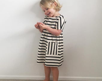 Patrón de costura en PDF del vestido Orla: Tejido de punto jersey, parte delantera cruzada, tallas de 6-9 meses a 8 años.