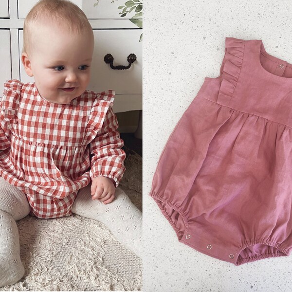 Ruby Romper - PDF Schnittmuster, Größen 3-6m - 4yr | Gerüschter Spielanzug für Kleinkinder, ärmellos & mit langen Ärmeln