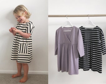 Orla Dress PDF Sewing Pattern - sizes 6-9m - 8yr | jersey dress, short & long sleeves, wrap front, boat neck, summer, winter