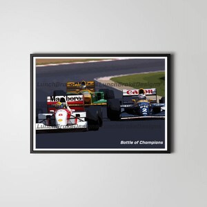 May include: A digital illustration of three Formula One racing cars in a close race. The cars are red, white, and yellow, blue, and yellow, and green and yellow. The cars are on a race track with a grey background. The text "Battle of Champions" is at the bottom of the image.