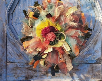 13'' rag wreath with soft colors, beautiful handmade fabric flowers, unique hanging decor