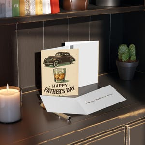 Ensemble de cartes de voeux pour la fête des pères - Design voiture vintage et whisky, parfait pour les papas, notes manuscrites, idée cadeau unique, jeu de cartes
