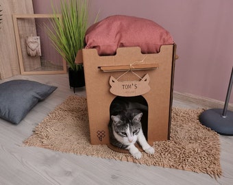 Casa de papelão estilo moderno para gatos, casa de brinquedo para gatos, móveis para gatos, caverna para gatos, cama moderna para gatos, casa para gatos interna