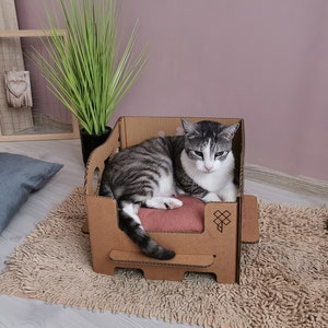 Cama de papelão marrom para animais de estimação Throne. Cama para gatos. Ecológica. Reciclável. Casa para gatos. Leve.
