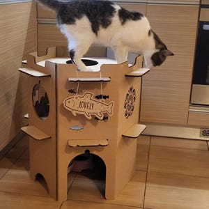 Casa de cartón para gatos: fortaleza de juego para mascotas de 2 pisos, cama para gatos, casa de juegos para gatos, muebles para gatos, cama moderna para gatos, casa para gatos de interior. Personalización.