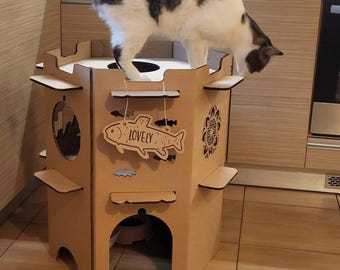 Cardboard Cat’s House - 2-story pet play Fortress, cat bed, cat playhouse, cat furniture, modern cat bed, cat house indoor. Personalization.
