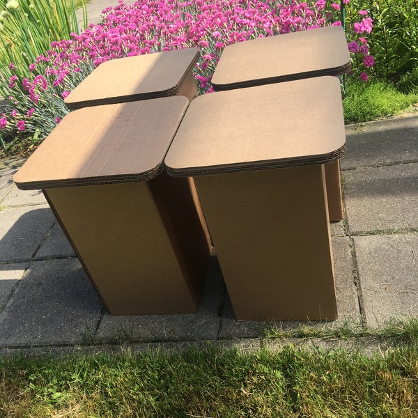 Cardboard stools. Set of 4. Temporary, camps furniture. Camping stools. Picnic stools. Easy to use. Eco friendly, durable, mobile, foldable.