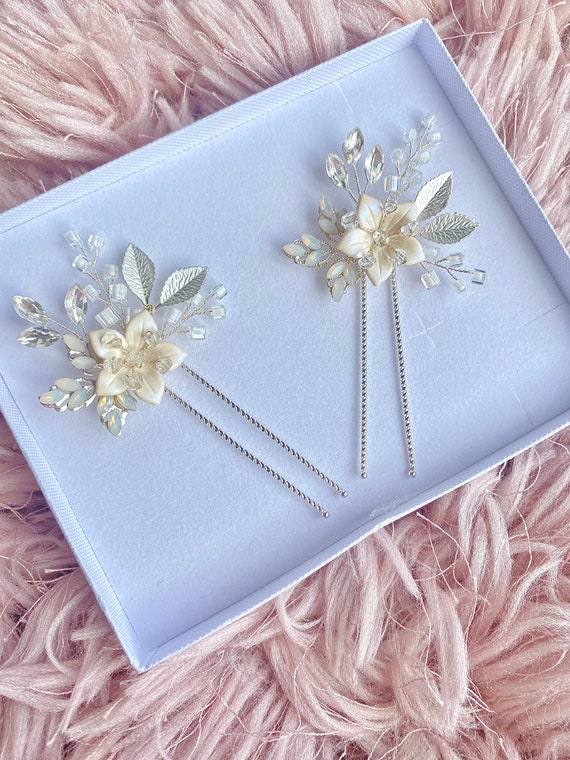 Silver Wedding Floral Hair Pins - Bridal White Glitzy Hair  display picture 1