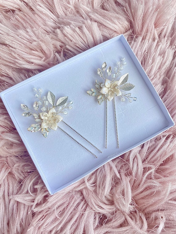 Silver and White Floral Hair Accessory with Crystal Accents Silver Flower Wedding Hair Pin, Crystal Rhinestone Bridal  main image 4