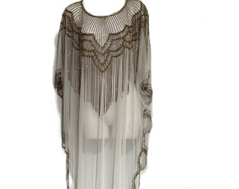 Sheer Kimono Sequin Long Cover Up Vintage Sequin Capelet Beaded Shawl Scarves Wedding Bridal Evening Cape Sparkly Flapper 1920s Gatsby Dress