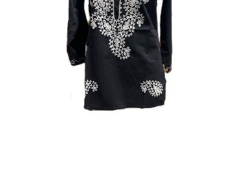 Hand Embroidered Traditional Chikankari Kurti Indian 100 % Cotton Maxi Kurta Tunic Kameez Women Shirt Black Summer Casual Spring Top Blouse