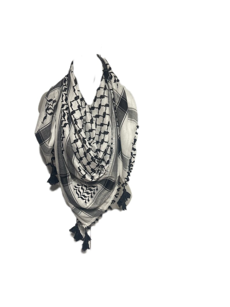 Sciarpa Shemagh: pied de poule arabo Hatta turbante musulmano palesteno Arafat Kafiya Keffiyeh 100% cotone avvolgente per testa e collo con nappe unisex Black Fringe
