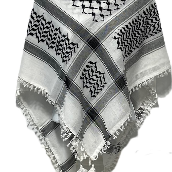 Keffiyeh Scarf: Houndstooth Arab Hatta Muslim Turban Palestenian Arafat Kafiya Shemagh - 100 % Cotton Head & Neck Wrap with tassles - Unisex