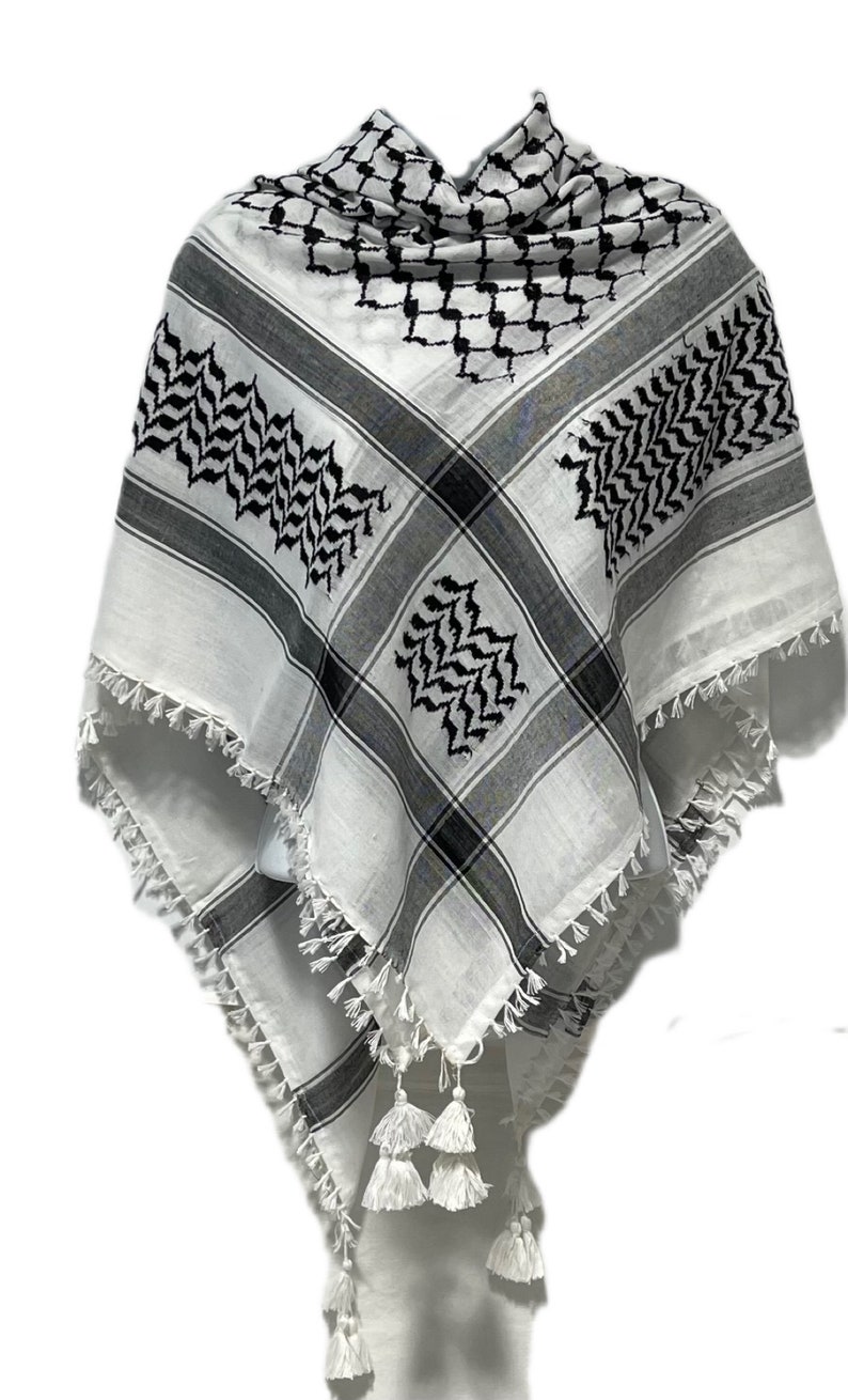 Écharpe keffieh : pied-de-poule arabe hatta musulman turban palestinien Arafat Kafiya Shemagh 100 % coton foulard avec pompons unisexe image 1