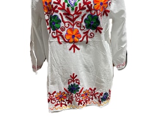 Hand Embroidered Traditional Chikankari Indian Cotton Maxi Kurti Kurta Tunic Kameez Women Shirt Multi color Summer Casual Spring Top Blouse