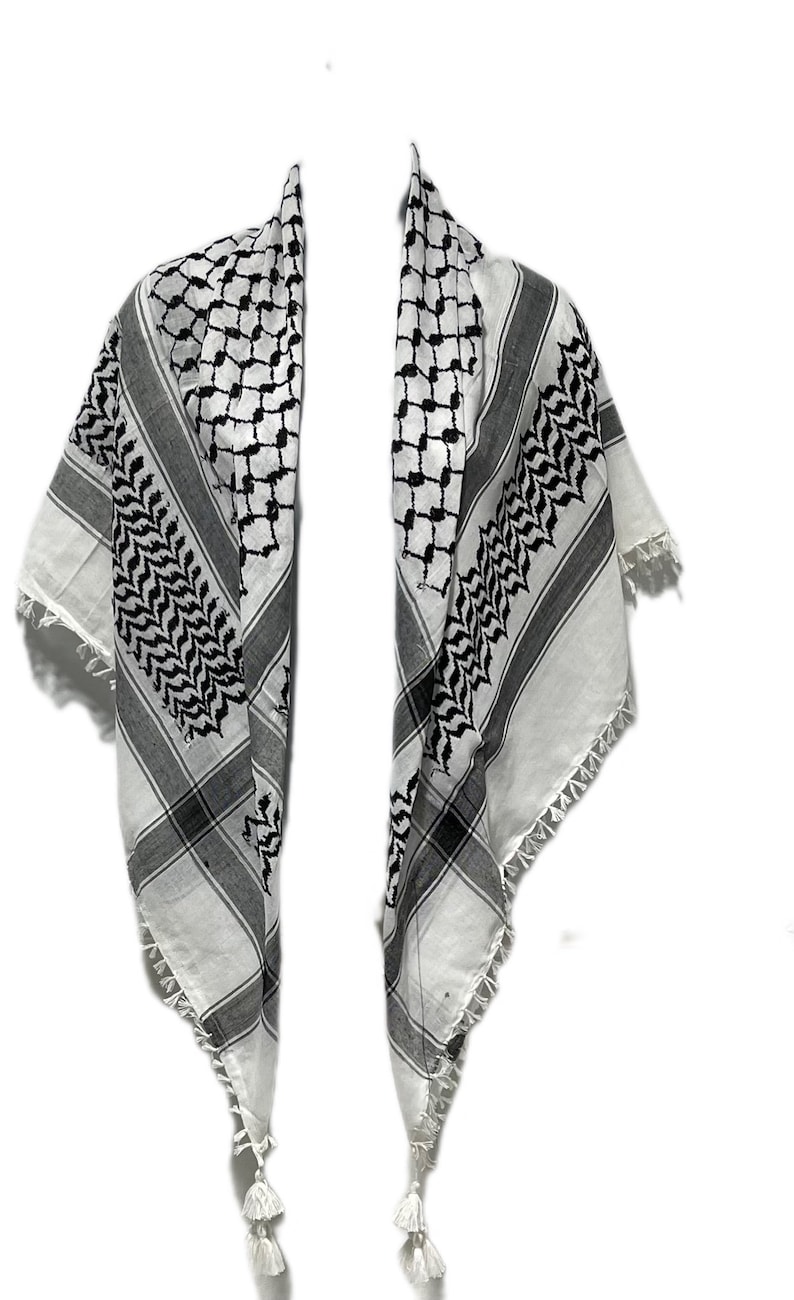 Écharpe keffieh : pied-de-poule arabe hatta musulman turban palestinien Arafat Kafiya Shemagh 100 % coton foulard avec pompons unisexe image 3