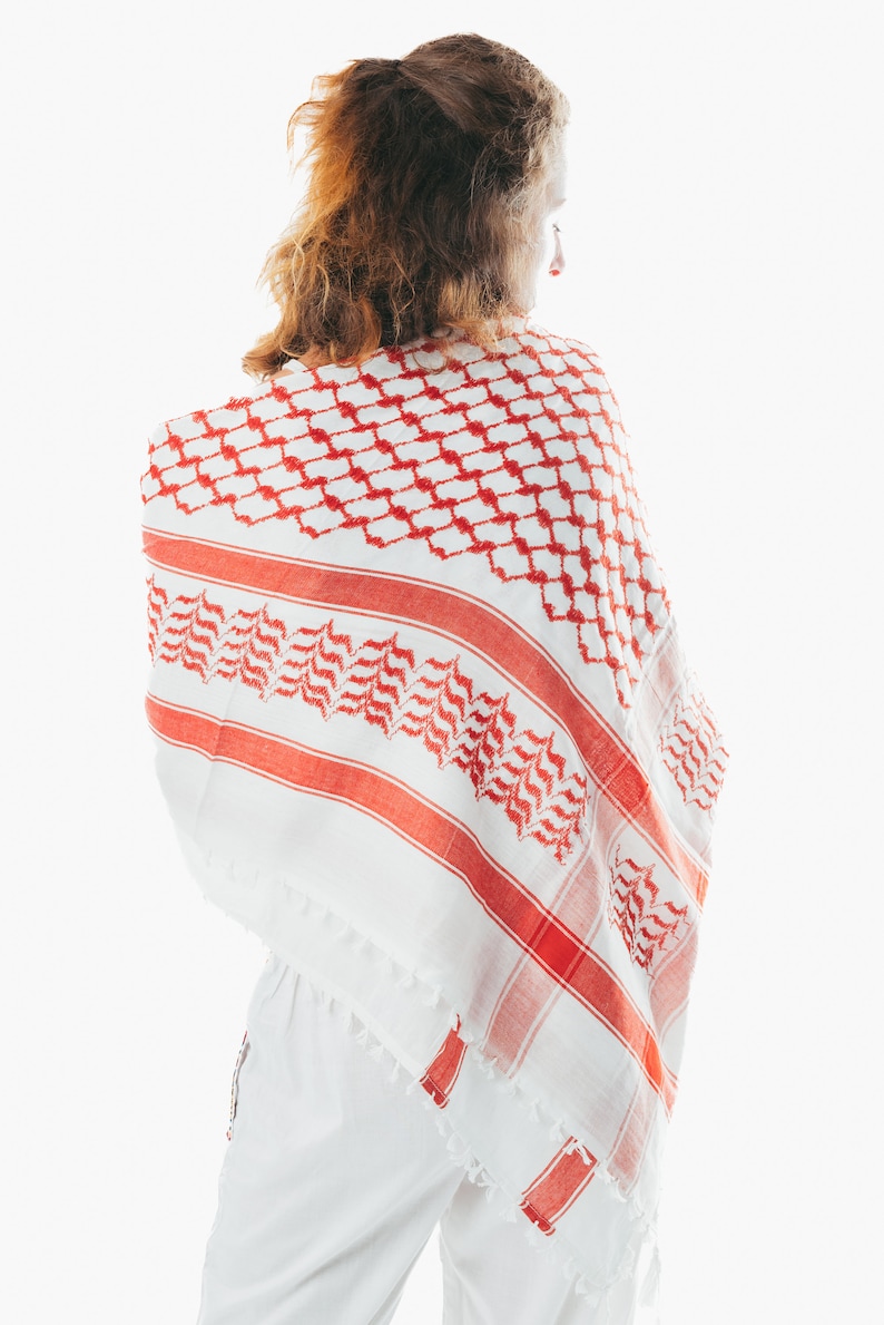 Shemagh Scarf: Houndstooth Arab Hatta Muslim Turban Palestenian Arafat Kafiya Keffiyeh 100 % Cotton Head & Neck Wrap with tassles Unisex Red on White