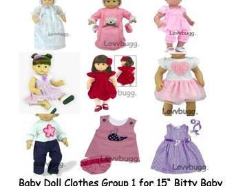 Group 1 Baby Doll Clothes for  15 inch Bitty Baby Baptism Christening Bunting Pants Ruffles Dress Velvet Heart Valentine Whale Gingham