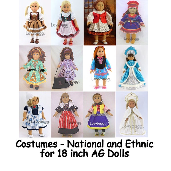 Group 3 Costumes-National Costumes German Swiss Scandinavian/Finland Irish Russian Dutch Middleburg Maarken-for American Girl 18" Dolls