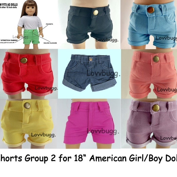 Summer Shorts Group 1 for 18inch American Girl or Bitty Baby & Baby Born Doll Clothes Denim Green Black Blue Red Coral Yellow White Lavender