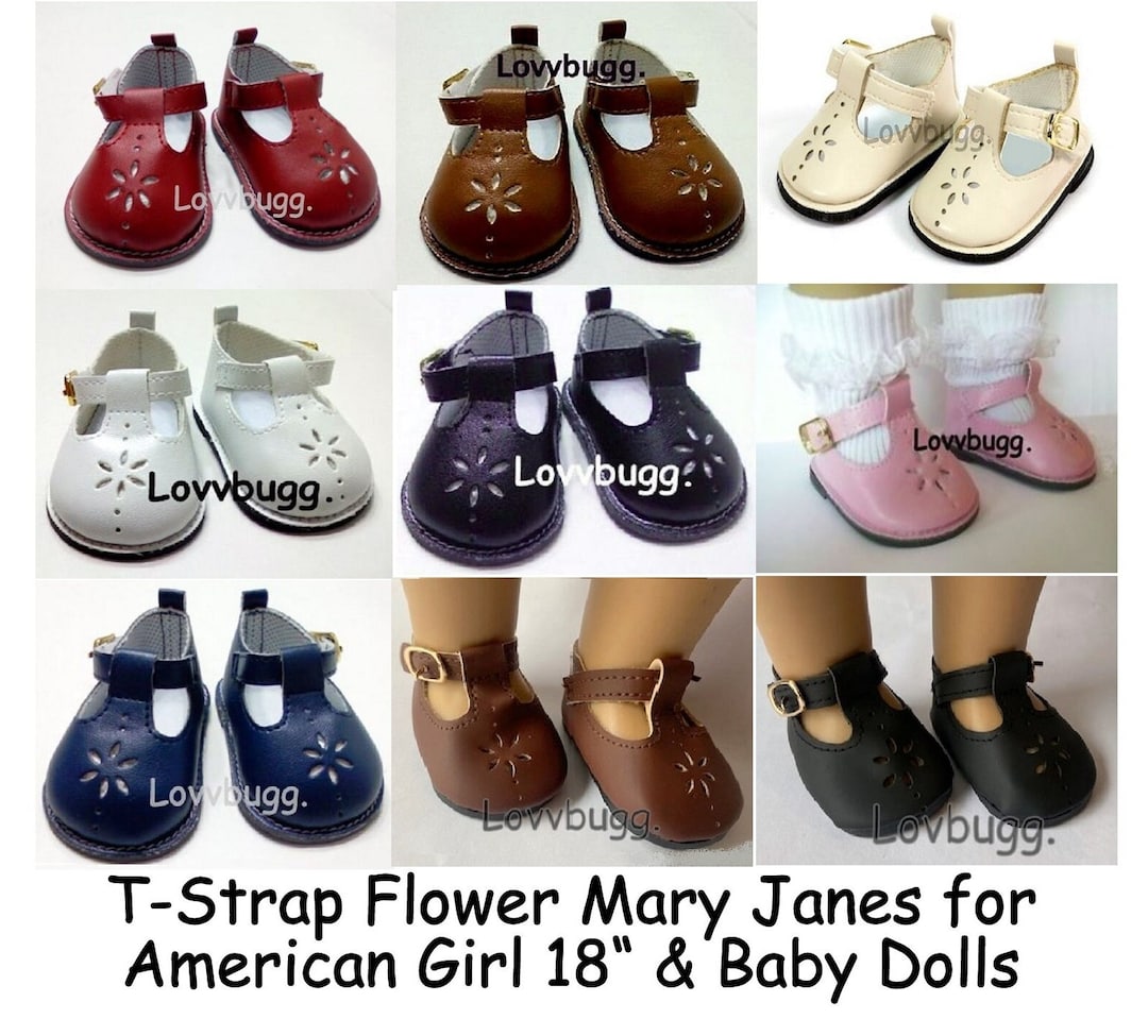 T-strap Mary Janes Flower Red Brown Cream White Black Pink Blue