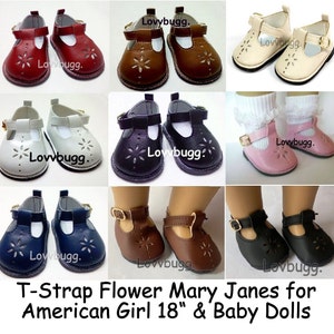 T-Strap Mary Janes Flower Red Brown Cream White Black Pink Blue Economy for 18" American Girl & Bitty Baby or Baby Born Doll Shoes Lovvbugg