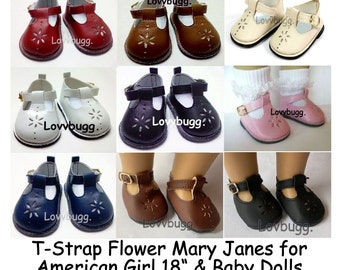 T-Strap Mary Janes Flower Red Brown Cream White Black Pink Blue Economy for 18" American Girl & Bitty Baby or Baby Born Doll Shoes Lovvbugg