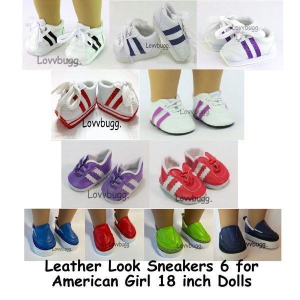 Leather-Look Sneakers 6 Shoes for 18" American Girl or Baby Dolls--Stripes Black Navy Purple Red + Slip-On Royal Red Lime Green Navy Blue