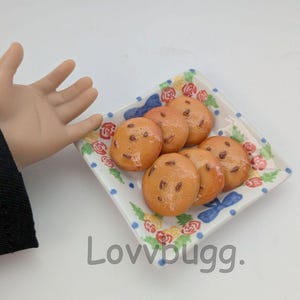 Six Big Chocolate Chip Cookies on a Pretty Ceramic Plate for 18 inch American Girl or Wellie Wishers Doll Food Accessory Santa Treats