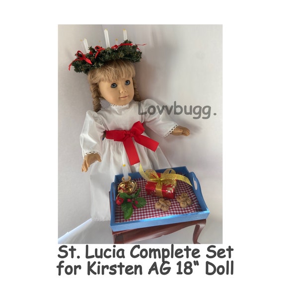 Zweedse St. Lucia Repro met accessoires voor Kirsten 18 inch American Girl Doll 2023 19e-eeuwse complete jurk sokken krans lade broodjes