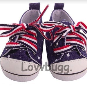 Patriotic Stars Sneakers Red White & Blue Denim with Flag Laces for 18 inch Girl, Boy or Baby Doll Shoes --For a Real American 250th!