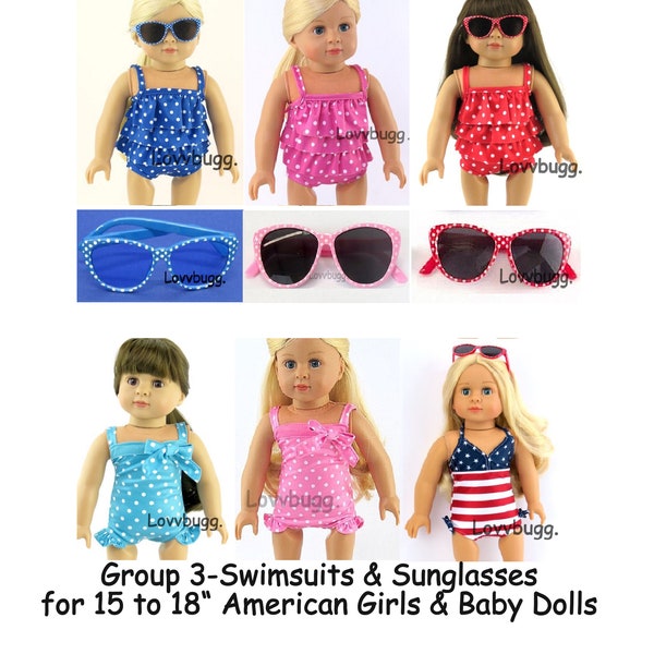 Groupe 3 maillot de bain maillot de bain en bleu rose rouge-plus lunettes de soleil-points aqua ou rose et drapeau pour fille américaine 18 "ou 15" vêtements de poupée bébé