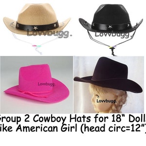 Cowboy Hats Group 2 for American Girl 18&quot; or Baby Doll Clothes Accessory (12in head circ) Tan Black Hot Pink Felt and Velvet