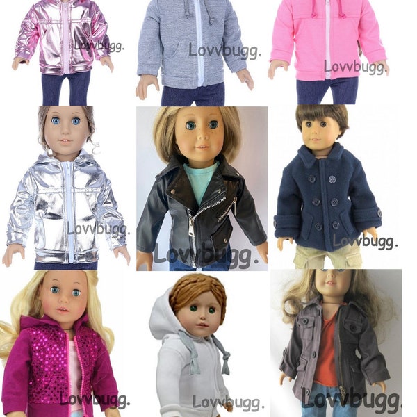 Hoodie for 18in American Girl or Boy Dolls Black Leather Jacket Pink Silver Gray Pea Coat Sequins Safari or 15 Bitty Baby or Baby Born