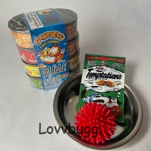 Cat Food Tins with Bowl, Treats and Toy for American Girl 18 inch Doll Pet Accessory