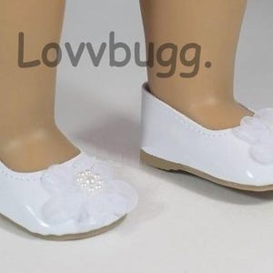 White Sweet Flower Flats Patent Doll Shoes for 18 inch American Girl or Bitty Baby or Baby Born Doll Shoes LovvbuggToo