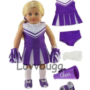 Complete Purple Cheerleader Outfit for 18 inch American Girl Sports Games Halloween also fits Bitty Baby or Baby Born Doll Clothes
