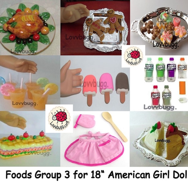 Turkey Gingerbread Lovvbugg Doll Food Group 3 for 18" American Girl Chicken Cookies Drink Soda Bottles Ice Cream Hero Sandwich Cake Apron