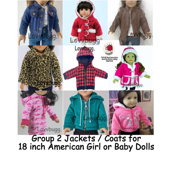 Group 2 Jackets/Coats for 18inch American Girl or Bitty Baby Born Dolls Denim Leather Buffalo Plaid Pink Furry Camo Teal Shearling Leopard
